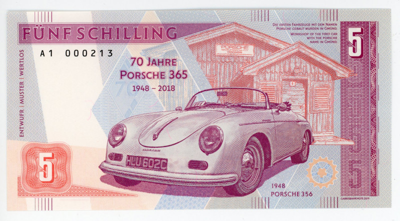 Germany - FRG 5 Schilling 2019 Specimen "Porshe 356"
Fantasy Banknote; Limited ...