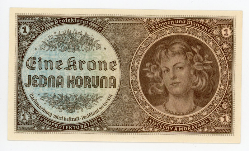 Bohemia & Moravia 1 Koruna 1940 (ND)
P# 3a; # H 022; German Occupation - WW II;...
