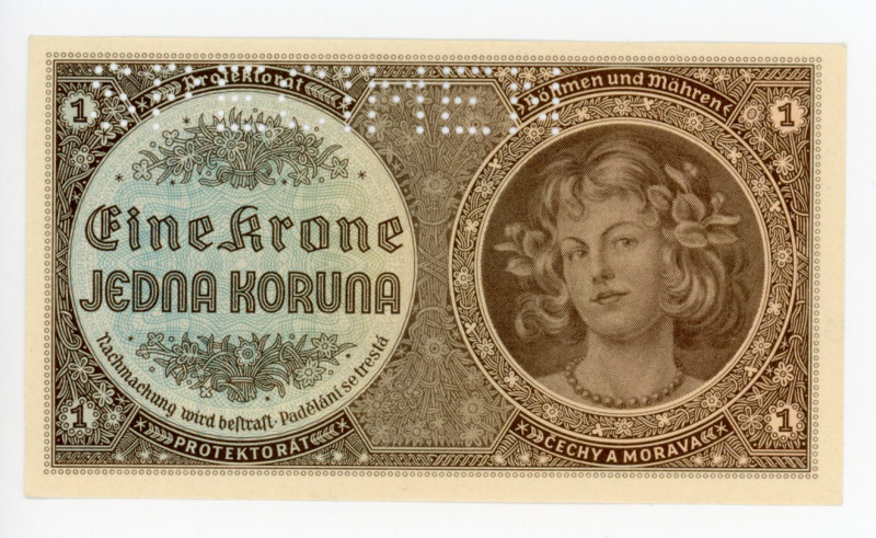 Bohemia & Moravia 1 Koruna 1940 (ND) Specimen
P# 3s; # D 031; German Occupation...