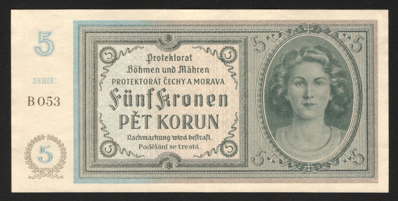 Bohemia & Moravia 5 Korun 1940
P# 4a; AUNC