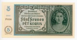 Bohemia & Moravia 5 Korun 1940 (ND) Specimen
P# 4s; # P 036; German Occupation - WW II; UNC