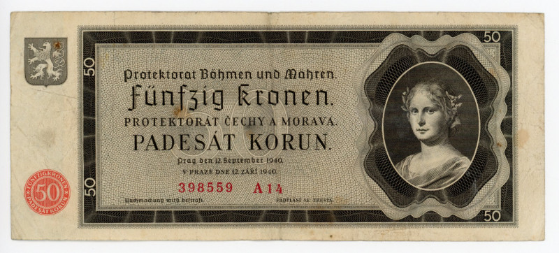 Bohemia & Moravia 50 Korun 1940 German Occupation WW II
P# 5a; N# 232620; # A14...