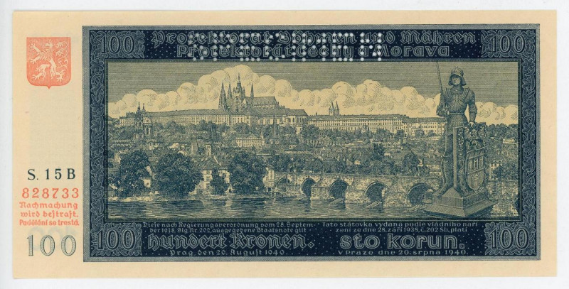 Bohemia & Moravia 100 Korun 1940 Specimen
P# 6s; # S.15 B 828733; "Prague"; UNC