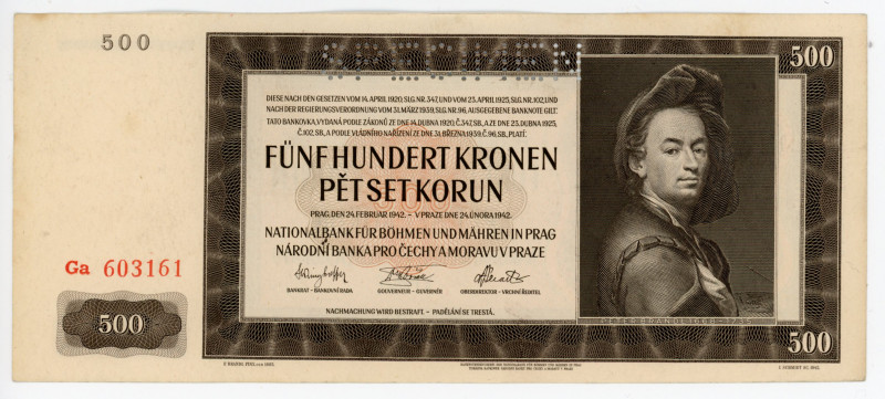 Bohemia & Moravia 500 Korun 1942 Specimen
P# 12s; # Ga 603161; German Occupatio...