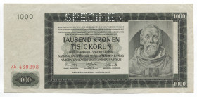 Bohemia & Moravia 1000 Korun 1942 Specimen
P# 15s; # Ab 469298; 2nd Issue; AUNC