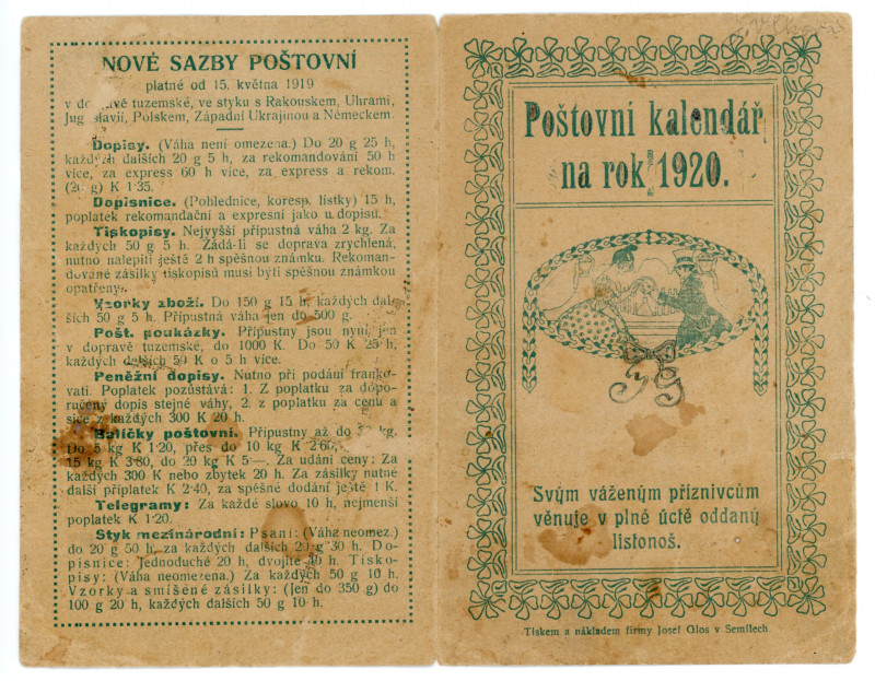 Czechoslovakia Semily "Postal Calendar for 1920" 1919
Issuer "Josef Glos" Compa...
