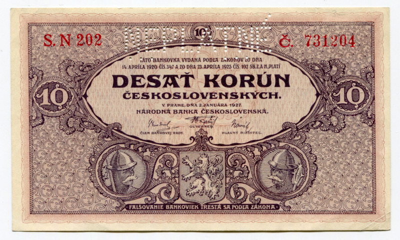 Czechoslovakia 10 Korun 1927 Specimen
P# 20s; UNC