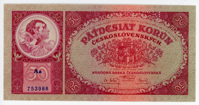 Czechoslovakia 50 Korun 1929 Specimen
P# 22s; # Aa 753988; UNC