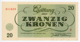 Czechoslovakia Terezin Ghetto 20 Kronen 1943
P# CZ-654; # R 011625; UNC