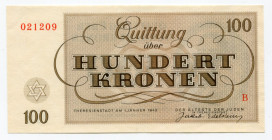 Czechoslovakia Terezin Ghetto 100 Kronen 1943
Jewish Camp Money; Series B; UNC