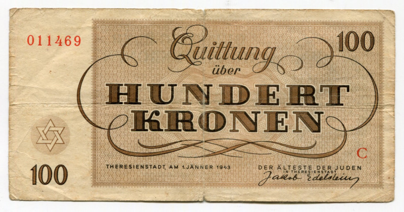 Czechoslovakia Terezin Ghetto 100 Kronen 1943
P# CZ-656; # C 011469; VF