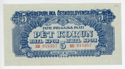 Czechoslovakia 5 Korun 1944
P# 46b; #BB 915357; Underprint: vertical wavy lines; UNC