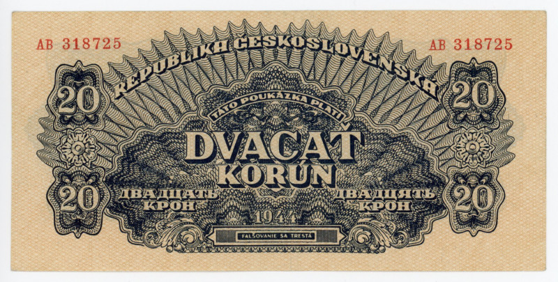 Czechoslovakia 20 Korun 1944
P# 47a; # AB 318725; AUNC