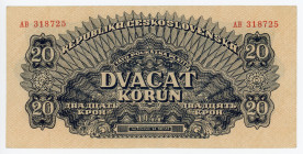 Czechoslovakia 20 Korun 1944
P# 47a; # AB 318725; AUNC