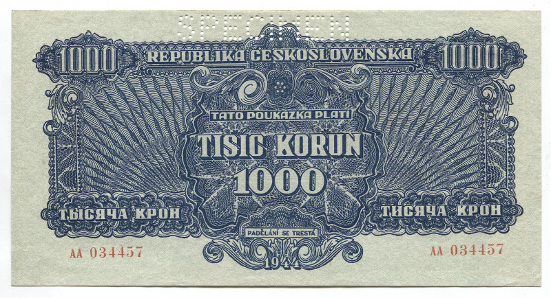 Czechoslovakia 1000 Korun 1944 Specimen
P# 50s; # AA 034457; AUNC