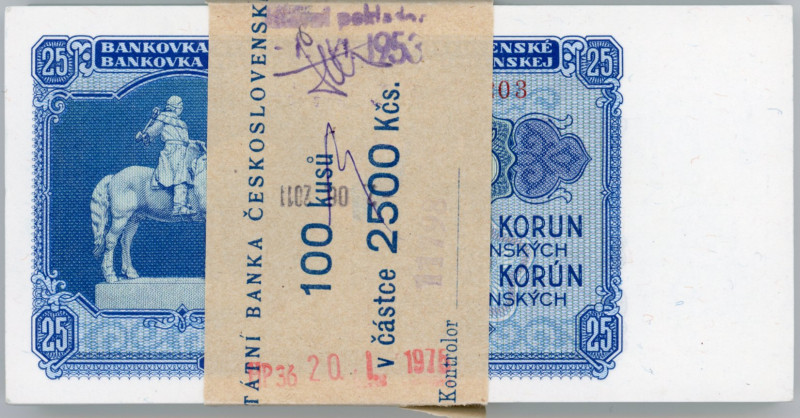 Czechoslovakia Original Bundle With 100 Banknotes 25 Korun 1953 Consecutive Numb...