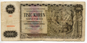 Slovakia 1000 Korun 1940
P# 13a; # 1M1 329204; VF-