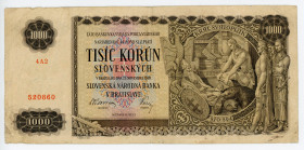 Slovakia 1000 Korun 1940
P# 13a; #4A2 520860; F