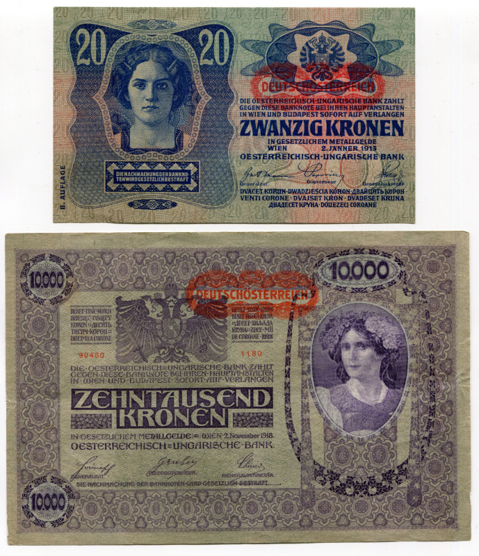 Austria 20 - 10000 Kronen 1919
P# 52; P# 65; № 137208; № 90460; XF-AUNC
