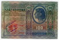 Austria 100 Kronen 1919 (1912) with Serbian Military Overstamp
P# NL; Overprint: "ВOJHA СТАНИЦА, V BPЦИМА"; VF-XF
