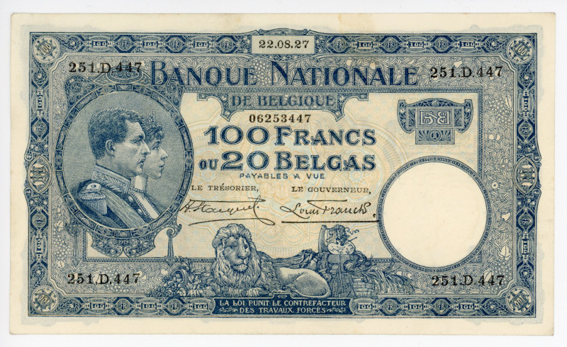 Belgium 100 Francs / 20 Belgas 1927
P# 102; N# 208669; # 06253447; Albert I; AU...