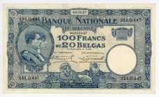 Belgium 100 Francs / 20 Belgas 1927
P# 102; N# 208669; # 06253447; Albert I; AUNC