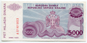 Croatia Serb Republic of Krajina 5000 Dinara 1993
P# R20a; N# 209370; # A0161803; UNC