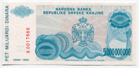 Croatia Serb Republic of Krajina 5000000000 Dinara 1993
P# R27a; N# 224388; # A0017666; UNC