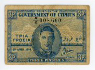 Cyprus 3 Piastres 1944
P# 28a; # A/2 008660; VF