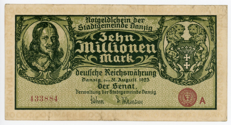 Danzig 10 Millionen Mark 1923
P# 25a; # 433884 A; XF