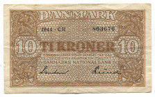 Denmark 10 Kroner 1944
P# 36a; # CH 803676; VF-XF
