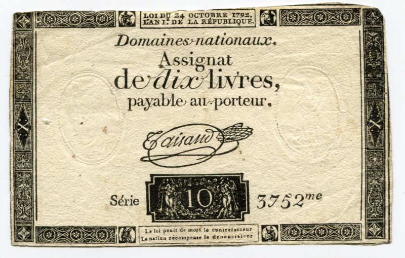 France 10 Livres 1792
P# A66a; Serie 3752me; 1st Republic; 3rd Issue; VF-XF