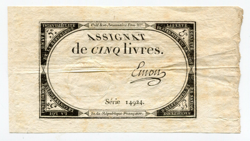 France 5 Livres 1793
P# A76; Serie 14924; 1st Republic; 2nd Issue; VF