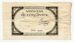 France 5 Livres 1793
P# A76; Serie 14924; 1st Republic; 2nd Issue; VF