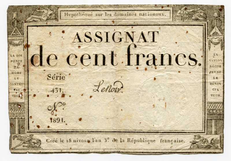 France 100 Francs 1795
P# A78; # 431 1891; 1st Republic; VF-