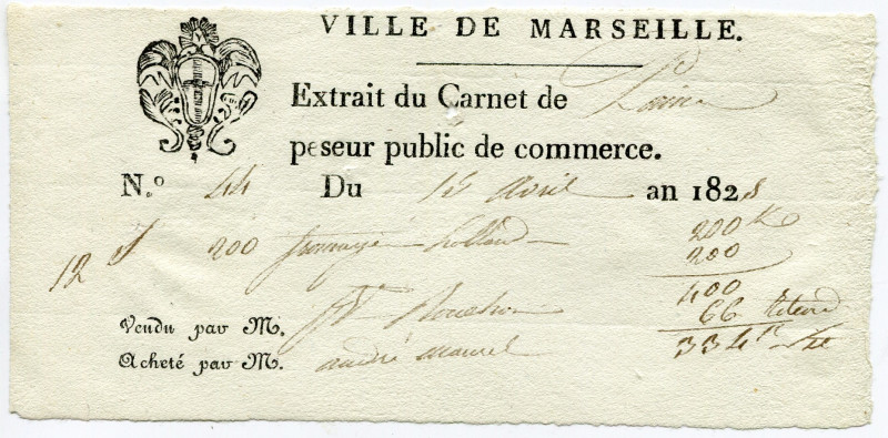 France Marseille Extract from the Public Commercial Weighing Book 1828
# 44; Vi...