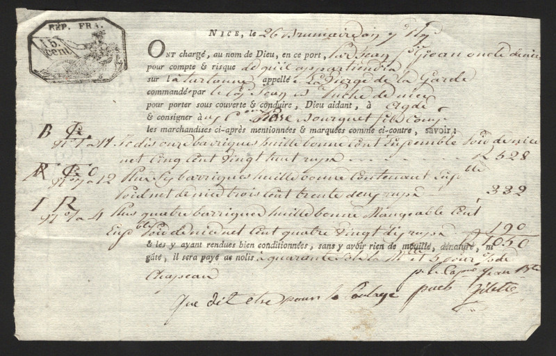 France Ship Custom Document 1830
Paper with watermark; XF