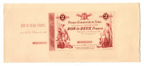 France Sedan Commercial Bank 2 Francs 1871 Red Trial Color
The color differs from the issued sign. Rare; UNC