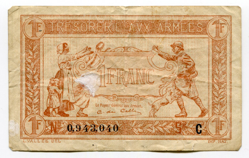 France Army Treasury 1 Franc 1919 (ND)
P# M5; # C 0943040; Military - WWI; VF