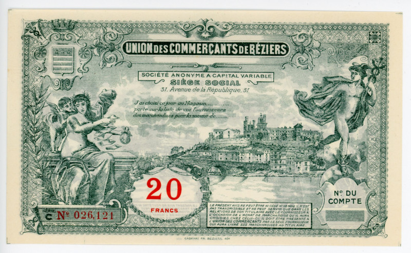 France Beziers 20 Francs 1920 (ND)
Union des Commerçants de Béziers; Large Bank...