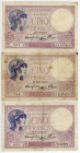 France 3 x 5 Francs 1939 - 1940
P# 83a; "Violet modifié"; VF