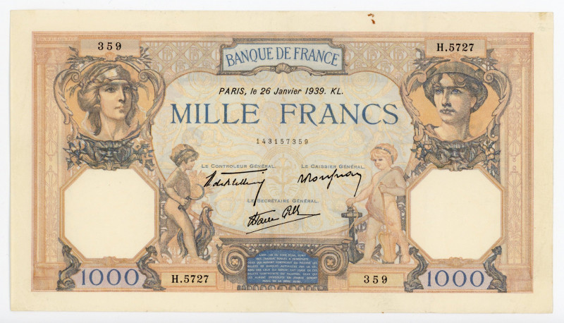 France 1000 Francs 1939
P# 88c; # 143157359; "Cérès et Mercure"; XF-AUNC