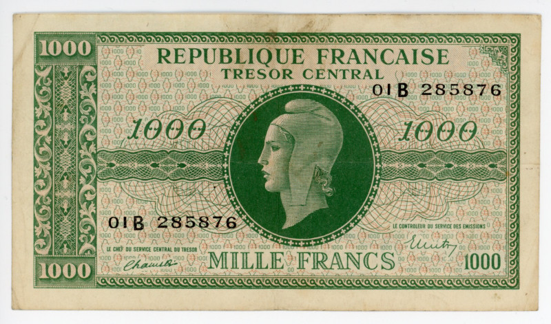 France 1000 Francs 1944 (ND)
P# 107; Fay# VF.12/02; N# 206771; # 01B 285876; "M...