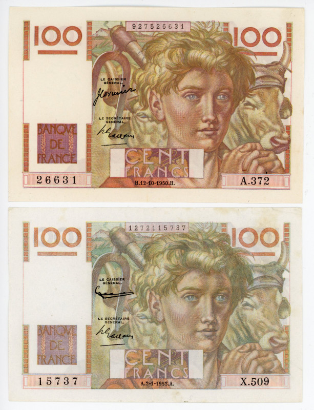 France 2 x 100 Francs 1950 - 1953
P# 128c & 128d; XF-AUNC