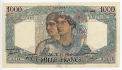 France 1000 Francs 1948
P# 130b; # 1284833231; "Minerve et Hercule"; XF-AUNC