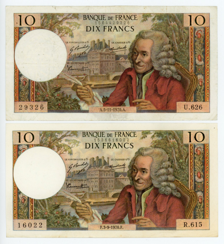 France 2 x 10 Francs 1970
P# 147c; "Voltaire"; XF-AUNC