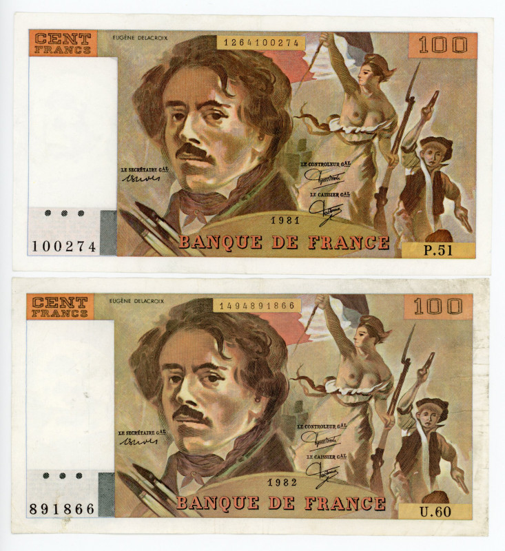France 2 x 100 Francs 1981 - 1982
P# 154b; "Delacroix"; XF-AUNC