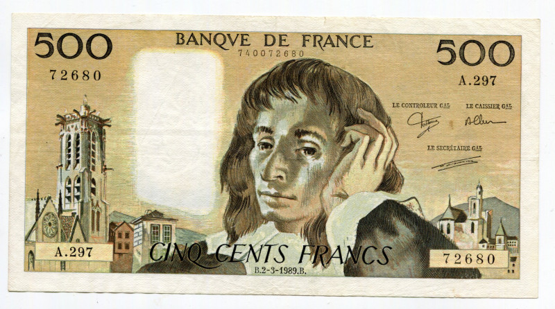 France 500 Francs 1989
P# 156g; # 740072680; Pascal; XF-AUNC