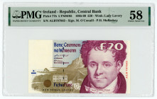 Ireland 20 Pounds 1997 PMG 58
P# 77b; #ALB707863; Wmk: Lady Lavery; Signature: M.O'Conaill and P.H. Mullarkey; AUNC