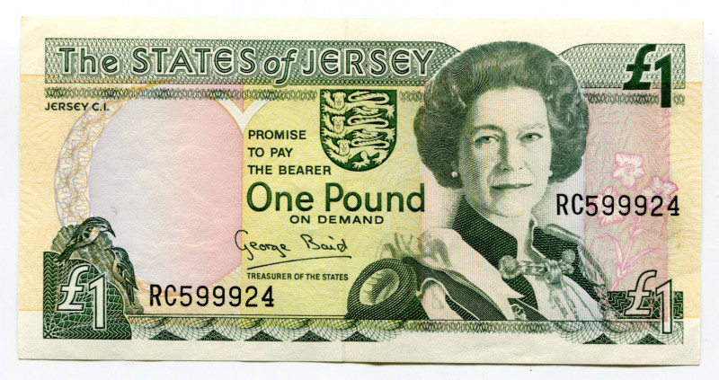 Jersey 1 Pound 1993 (ND)
P# 20a; # RC599924; Elizabeth II; UNC